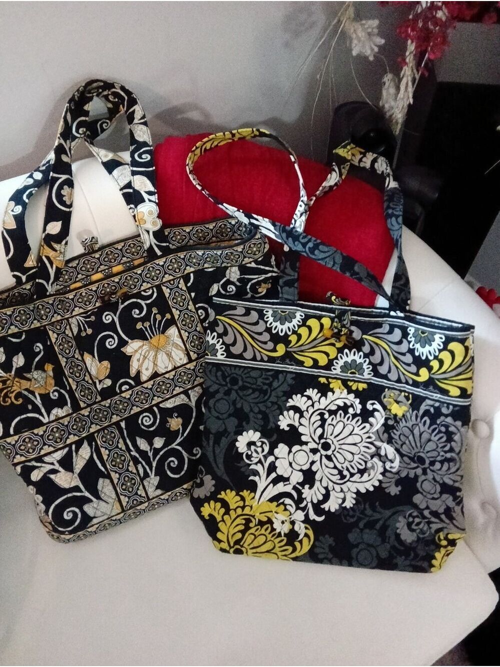 Vera Bradley Black, Yellow, White Floral Quilted Totes (Pair)